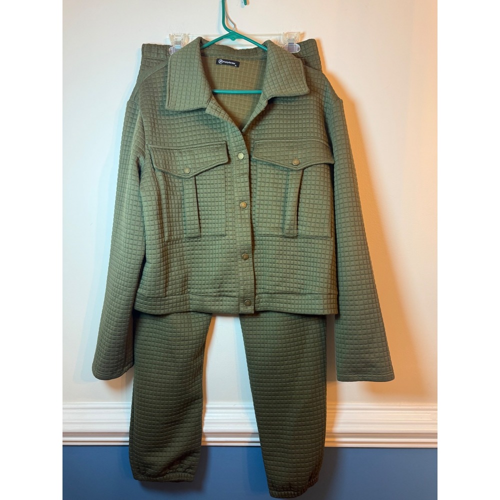 PrettyGarden 2 Piece Set Women XL Olive Green Waffle Knit Shacket Joggers Lounge